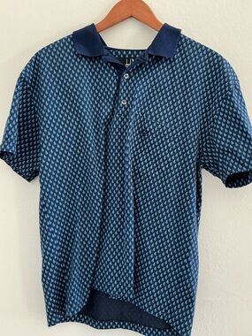 Dunhill Sailboat Print Polo Shirt Navy Blue Mercerized Cotton Made Italy L